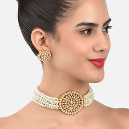 Zaveri Pearls White & Gold-Toned Multistranded Jewellery Set-image-48