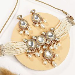 KARATCART Gold-Plated Kundan-Studded & Beaded Jewellery Set-18