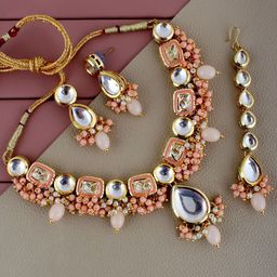 LUCKY JEWELLERY 18K Gold-Plated Kundan-Studded Necklace and Earrings With Maangtika-image-78