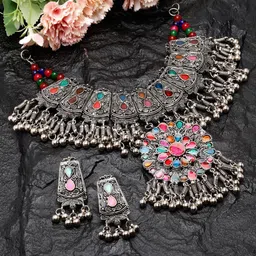 Moedbuille Silver-Plated Stone-Studded Meenakari Tribal Tasselled Oxidised Jewellery Set-57