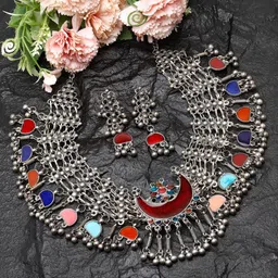 Moedbuille Silver-Plated Stone-Studded Meenakari Tribal Oxidised Tasselled Jewellery Set-58