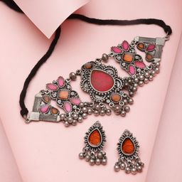 Moedbuille Silver-Plated Stone-Studded Meenakari Tribal Design Oxidised Jewellery Set-image-24