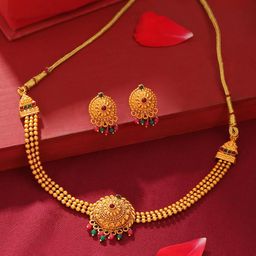Yellow Chimes Gold Plated Cubic Zirconia Studded & Beaded Jewellery Set-12