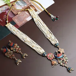 RHOSYN Gold Plated Stone Studded & Beaded Peacock Design Meenakari Jewellery Set-image-96