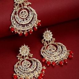 ZENEME Red & Gold Plated Stone Studded & Pearl Beaded Jewellery Set-picture-32