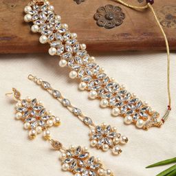 ZENEME Off-White Gold-Plated Kundan Studded Beaded Antique Choker Jewellery Set-1