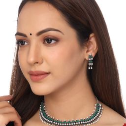 Yellow Chimes Green & White Pearls Studded Choker Jewellery Set-image-59