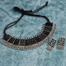 VENI Pack of Black Silver-Plated Oxidised Choker Jewellery Set-49