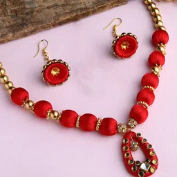 AKSHARA Gold-Plated & Red Stone-Studded Silk Thread Jewellery Set-image-84