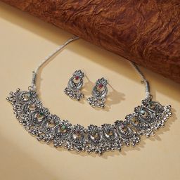 TEEJH Women Silver-Plated Stone Studded Oxidised Jewellery Set-picture-39