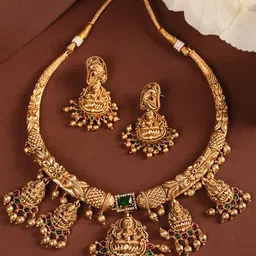 Saraf RS Jewellery Gold-Plated CZ-Studded & Beaded Temple Necklace and Earrings-16