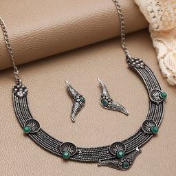 Jazz and Sizzle Oxidised Silver-Plated & Stone-Studded Jewellery Set-image-50