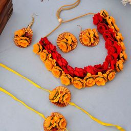 Silvermerc Designs Rhodium-Plated & Gold-Toned Beaded Mehndi Haldi Flower Jewellery Set-picture-47