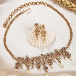 KARATCART Gold-Plated Kundan Studded Necklace and Earrings-12