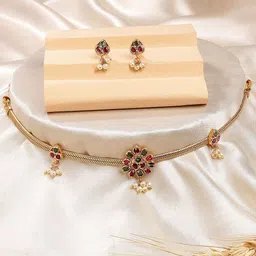 KARATCART Gold-Plated Kundan Studded Floral Design Necklace and Earrings-11
