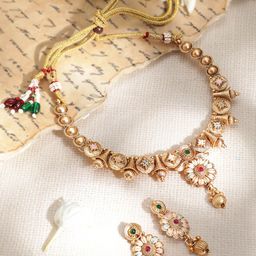 Rubans Luxury 22KT Gold Plated Brass Red and Green Stone Studded Floral Jewellery Set-11