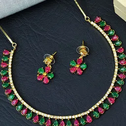 Jewar Mandi Gold-Toned & Green CZ Stone-Studded Jewellery Set-picture-29
