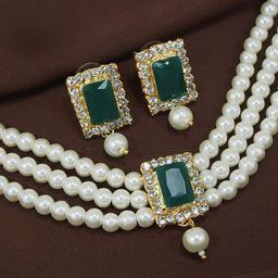 I Jewels Gold-Plated Green & White Stone Studded Jewellery Set-image-76