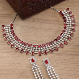 ZENEME Silver Plated Rhodium Toned AD-Studded Jewellery Set-image-32