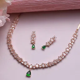 Jazz and Sizzle Rose Gold-Plated Green & White AD StuddedJewellery Set image 1