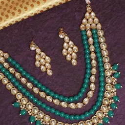 OOMPH Gold-Plated Green & White Kundan-Studded Jewellery Set-11