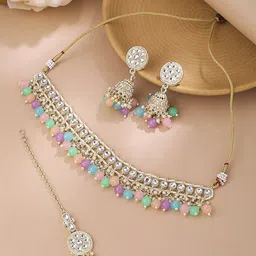 Yellow Chimes Gold-Plated Kundan-Studded & Pearl Beaded Jewellery Set-55