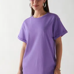 Bewakoof Women Solid Round Neck Cotton Relaxed Fit T-shirt-image-51