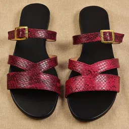 Street Style Store Women Maroon & Black Snakeskin Textured Open Toe Flats-image-64