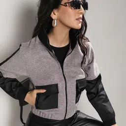 Campus Sutra Grey Houndstooth Printed Windcheater Crop Bomber Jacket-image-3