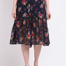 La Zoire Women Navy Blue & Red Floral Printed Tiered Skirt-image-7