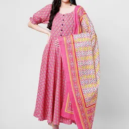 KALINI Floral Printed Pure Cotton Anarkali Kurta With Trousers & Dupatta-image-23