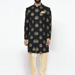 KISAH Men Black Printed Cotton Sherwani Set-picture-27