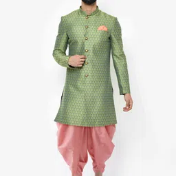 KISAH Men Green Printed Cotton Sherwani Set-image-81