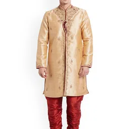 Indian Poshakh Men Gold-Colored & Red Embroidered Sherwani Set-image-84