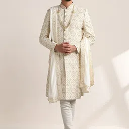 Twamev Embroidered Mandarin Collar Raw Silk Sherwani With Churidar & Dupatta-image-95