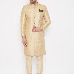 VASTRAMAY Men Gold-Coloured & White Brocade Slim-Fit Sherwani Set-picture-55