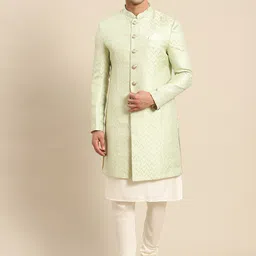 KISAH Self-Design Mandarin Collar Kurta Sherwani Set-image-97