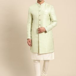 KISAH Geometric Printed Mandarin Collar Cotton Kurta With Jacket & Churidar Bottom-image-23