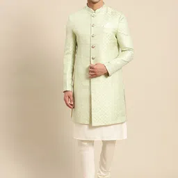 KISAH Men White & Sea Green Woven Design Chevron Sherwani Set-picture-50