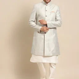 KISAH Men Cream-coloured & Silver-Toned Printed Sherwani Set-picture-31