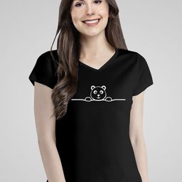 Pootlu Women Black Panda Printed Cotton V-Neck T-shirt-image-64