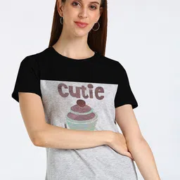 shashvi Women Grey & Black Printed Extended Sleeves T-shirt-picture-7