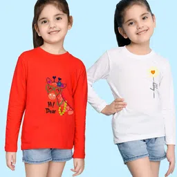 NUSYL Girls White & Red Pack of 2 Graphic Printed T-shirts-image-84
