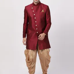 VASTRAMAY Men Maroon & Gold-Toned Solid Silk Sherwani Set-picture-29