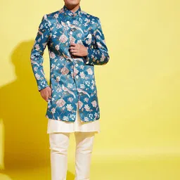 VASTRAMAY Boys Turquoise Blue Printed Slim-Fit Sherwani Set-30