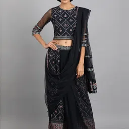 W Blue Ethnic Motifs Embroidered Sequinned Saree-image-70