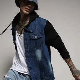 Campus Sutra Blue Long Sleeves Windcheater Hooded Denim Jacket-picture-12