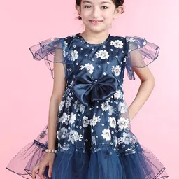 Cutiekins Girls Floral Printed Flutter Sleeve Bow Tiered Net Fit & Flare Dress-picture-4
