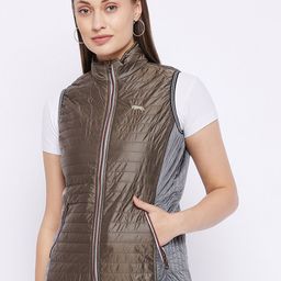 JUMP USA Women Copper-Toned & Grey Colourblocked Quilted Jacket-image-93