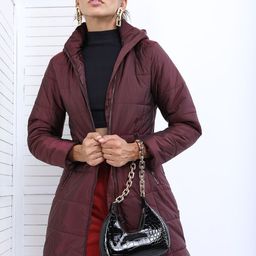 Tokyo Talkies Women Burgundy Solid Nylon Hooded Longline Padded Jacket-14
